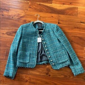 Mango Teal Tweed Blazer with Silver Buttons